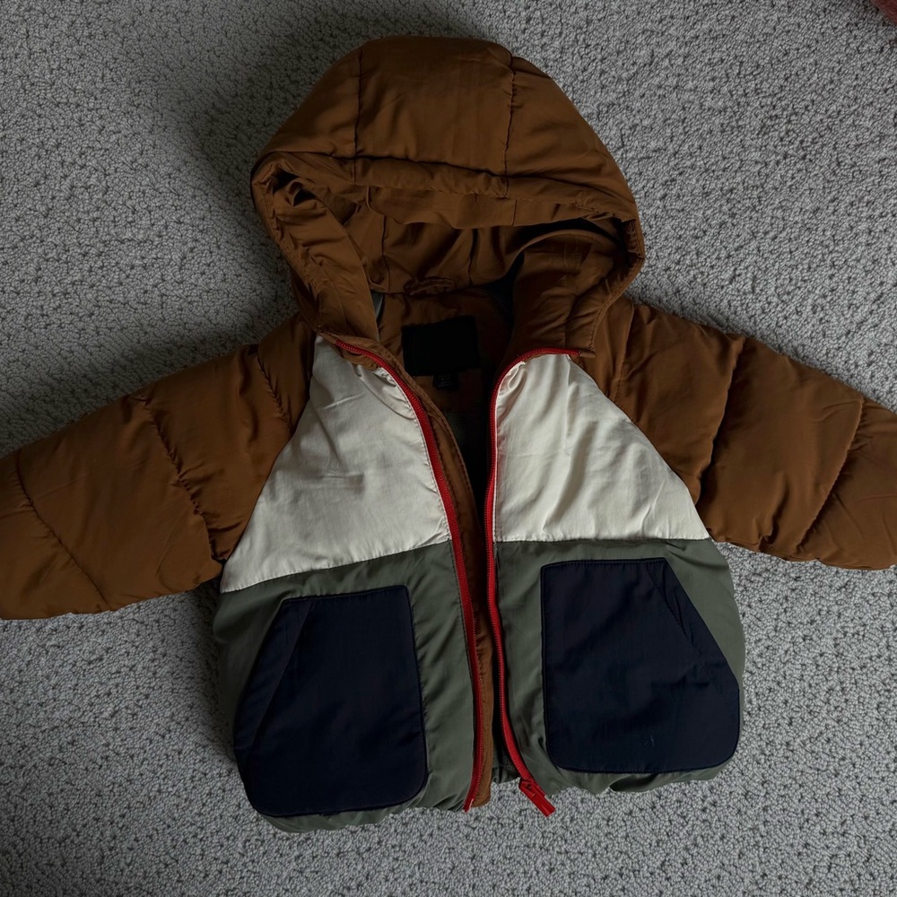 Zara Kids Colorblock Puffer Jacket in Brown, Olive & Navy